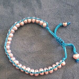Silver Fresh Water Pearl Bead Bracelet with Turquoise Cord.